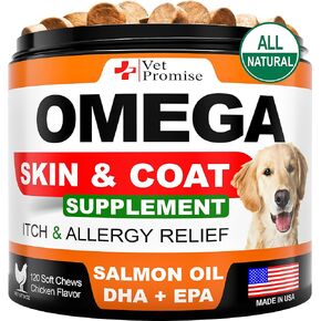 Omega 3 for Dogs - Skin and Coat Supplement - Fish Oil for Dogs Chews - Allergy and Itch Relief - Anti Shedding Supplement - Dry Skin Treatment - Salmon Oil - Made in USA - 120 Soft Treats