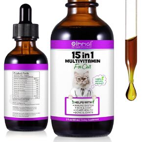 Liquid Multivitamin for Cat, 15 in 1 Cat Multivitamin Liquid Drops Supplements for Skin & Coat, Heart Health, Bones and Joint, Cat Vitamins with Glucosamine and MSM, Immune System Support -60ml