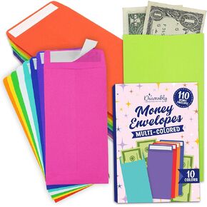 Decorably 110 Pack Colored Money Envelopes for Cash, 3.5x6.5in Small Cash Envelopes for Money, Coins, Gift, Trinkets