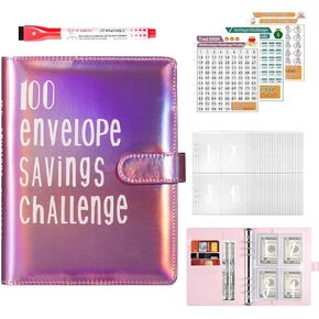100 Envelopes money saving Challenge Binder, budget binder with cash envelopes, Cash Stuffing Binder from 30 Days to 52 Weeks,to Save$500,$5,050 and $10,000 (Pink)