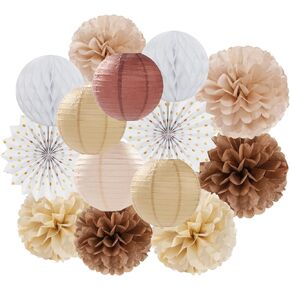 Boho Baby-Shower Party-Decorations Streamers-Lanterns - 14pcs White Brown Champagne Neutral Birthday Wedding Bridal Paper Fan,Tissue Pom Poms,Honeycomb Balls,Engagement Fall Christmas Decor Ouruola