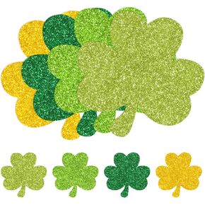 48PCS St. Patrick's Day Glitter Shamrock Cut Outs Green Gold Cutouts with Glue Points Irish Lucky Clover Bulletin Board Decor for DIY Craft Art School Home Party Wall Decor Supplies
