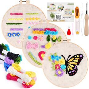 Pllieay 3 Sets Punch Needle Kits, Punch Needle Embroidery Kit for Beginners Including Embroidery Fabric with Pre-Printed Pattern, Hoop, Yarns and Tools