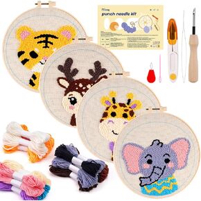 Pllieay 4 Sets Punch Needle Kits, Punch Needle Embroidery Kits for Beginner with Animal Pattern, Punch Needle Tool Including Pre-Printed Cloth, Punch Needle, Hoops and Yarns