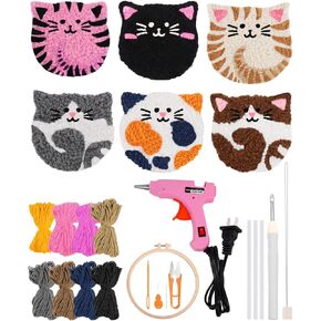 AceList 6 Pcs Punch Needle Kit with Cat Pattern, Easy Punch Needle kit for Beginners and Adults, DIY Punch Needle Coaster Kit with Tools Tufting Cloth Hoop Yarns Hot Melt Glue Gun - Art Craft Gift