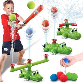 4-in-1 Sprinkler Baseball & Water Ball Toy, Spinning Sprinkler with 3 Jets, 4 Baseballs & 6 Reusable Water Balls, Outdoor Summer Toys for Boys Girls Outside Water Game Toys for Kids Ages 3-8