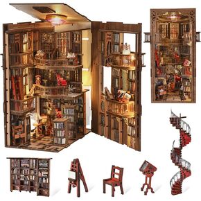 Book Nook Kit, DIY Miniature Dollhouse Booknook Kit, 3D Wooden Puzzle Bookend Bookshelf Insert Decor with LED Light for Teens and Adults (Abbey Library)