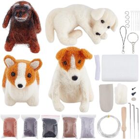FREEBLOSS 4 Set Dog Needle Felting Kit Animals Needle Felting Set, Felting Dog Kit Needle Felting Keychain Kit Needle Felting Craft Project with Instructions Needle Felting Supplies