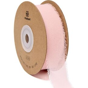Vitalizart 1" x 30 Yd Chiffon Ribbon Light Nude Silk Like Handmade Fringe Fabric Ribbons for Wedding Invitations Bridal Bouquets Party Decoration Gift Wrapping Bow Making