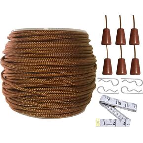 Y-Axis Roll of 60 Yards 2.0mm Light Brown (Bronze) Braided Nylon Lift Shade Cord with 6 Pack Brown Wood Cord Knobs + Soft Tape
