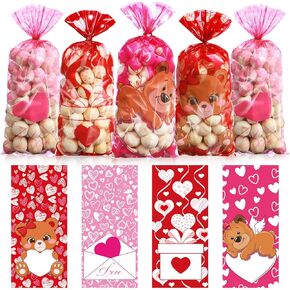 Pasimy 100 Pcs Valentines Treat Bags Bulk Valentine's Day Cellophane Gift Bags Pink Red Heart Clear Sweet Bear Plastic Goodie Candy Pouches with Twist Ties for Wedding Party Favors Supplies