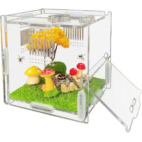 Jumping Spider Enclosure, 4" X 4" X 4" Acrylic Spider Habitat, Front Opening Small Reptile Terrarium with Matrix Ventilation Holes & Feeding Holes, for Jumping Spider Snail Insect