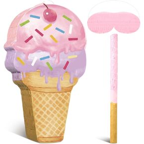 Capoda Pink Ice Cream Piñata Cute Dessert Cone Shaped Piñata with Stick Blindfold for Ice Cream Candy Birthday Party Summer Baby Shower Wedding Party Supplies Decor, 15.8 x 9.5 Inch
