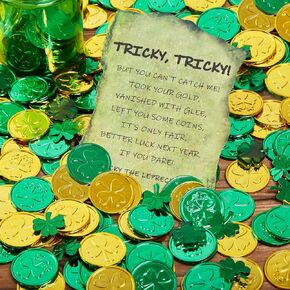 St Patricks Day Decorations Plastic Gold Coins 100PCS Lucky Shamrock Green & Gold Coins & Letter From Leprechaun for St Patricks Day Accessories, Party Decorations, Leprechaun Trap Toy, Kids Gifts