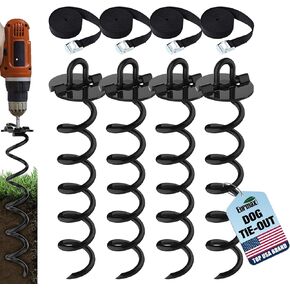 Eurmax USA 4-Pc Pack Spiral Stakes Heavy Duty Anchor Kit Ice Screw Anchor for Trampoline, Tents, tarps, Canopies,car Ports,Dog tie Out and etc Bonus Tie Down Straps 4-Pc Pack (Green)
