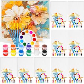 140 Pack Canvas with Easel Paint Kit with Acrylic Paint Canvas Boards Wooden Easels, Paint Brushes Canvas Panel Painting Set for Adults Couples Beginners Sip and Paint Party Date Night Kits