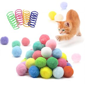 30 Pcs Premium Silent Pom Pom Balls, Interactive Lightweight Pom Pom Balls, Assorted Colors Cat Balls (1.2 inches), with 4 Pcs Cat Spring Toy for Indoor Cat Kitten Playing Exercising