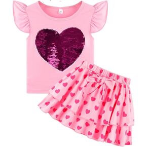 مجموعة تنورة للفتيات مكونة من قطعتين ملابس صيفية للأطفال الصغار بأكمام مكشكشة وتي شيرت وعقدة على شكل فيونكة وتنورة توتو مجموعة ملابس in Kuwait