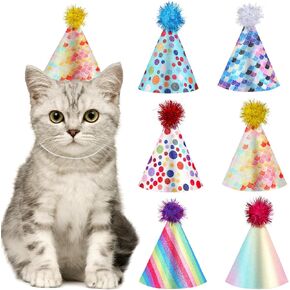 6 PCS Cat Birthday Hat, Mini Party Hats,Multi-Color Birthday Hats for Dog Cat Cute Puppy Hat with Pompons Adjustable Headbands Birthday Hats for Kittens Rabbits Dogs Small Stuffed Animals