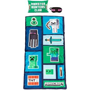 Minecraft Creeper 3 Piece Sleepover Set - Cozy & Warm Slumber Bag with Pillow & Eye Mask (Official Minecraft Product)