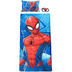 Jay Franco Marvel Spiderman 3 قطعة Sleepover Set - حقيبة سبات دافئة ودافئة مع قناع وسادة وعيون (منتج Marvel الرسمي)
