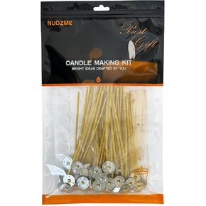 50 Pcs 6" Natural Candle Wicks,Pre-Waxed by 100% Beeswax & Tabbed with 60Pcs Candle Wick Stickers and 5 Pcs Wooden Candle Wick Centering Device, for Candle Making，Candle DIY