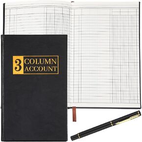 Accounting Ledger Book with Metallic Black Gel Pen, 3 Columns Account Book Leather Cover Gold Stamping Hardcover, Expense Tracker Notebook for Small Business and Personal Use, 5 x 8 Inches
