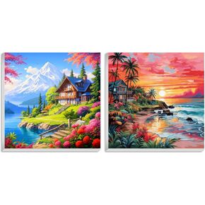 Hlison 2 Pack Paint by Numbers Kit for Adults Framed, Landscape Easy Paint by Number Kits for Beginner with Frame, Acrylic Scenery Paint by Number Kits on Canvas with Exquisite Packaging - 10"x10"