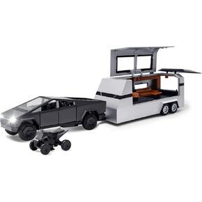 طراز Cybertruck: 1/24 لعبة Truck Truck Truck Diecast Metal مع دراجة نارية مع أضواء وأصوات للأولاد ، تتراوح أعمارهم بين 3 وما فوق (رمادي ، مقطورة بيك آب مع RV)