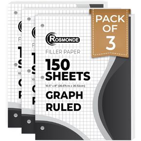 Graph Paper 3 Pack, 450 Sheets, 4x4 Grid Paper, 8" x 10.5", 3 Hole Punched, Notebook Paper, 54 GSM Thick Graphing Paper, Quad Ruled Graph Paper, Loose Leaf Paper, Back to School Supplies