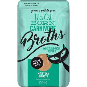 Tiki Cat Born Carnivore Broths, Tuna Recipe, Hydration and Flavor Supplement Cat Food Topper, 1.3 oz. Pouch (Pack of 12)