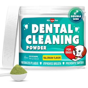 Dog Breath Freshener with Probiotics – Dog Teeth Cleaning Powder for Plaque, Tartar, Foul Odor, Age-Related Gum Changes – Dental Support with Valerian Flavor – 100 Gram Jar + Scoop Included