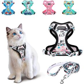 Halypet Cat Harness and Leash Set [MAX Safety 4th-Gen] Cute Escape Proof Vest Harness for Girl Cat Walking, Comfortable Adjustable Leash and Reflective Strips for Outdoor Kitten, S Inky Meowy