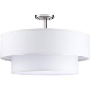 5 Light Off White Fabric Shade Semi Flush Mount Ceiling Light,Close to Ceiling Light Fixture Black Finish,22 inch Semi Flush Drum Light for Bedroom,Living Room,Dining Room Hallway