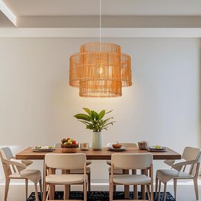 1 Light Boho Rattan 3-Tiers Chandelier for Living Room, Coastal Handmade 17.71" W Wicker Pendant, Large Rustic Ceiling Hanging Light Fixture for Kitchen Island Bedroom Shops