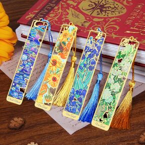 Kinsound 4pcs Metal Bookmarks with Tassel, Golden Van Gogh Monet Oil Painting Theme Cute Book Markers for Reading Women, Men, Kids, Book Lovers, Reading Accessories Gifts for Book Lovers