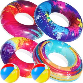 Parentswell 6PCS Big Pool Floats Tubes: Inflatable Pool Floats Swimming Rings with Beach Balls - Brightly Colored Pool Floaties Party Toys, Pool Toys for Kids Adults Toddlers