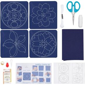 4 PCS Sashiko Coaster Kit Water-Soluble Template Handmade Coaster Japanese Embroidery Practice Project Coasters Kit for Beginners Traditional Japanese Sashiko DIY Kit with Instructions