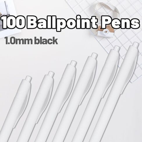 BallPoint Pens, 100 Pack (BLACK Ink),Bulk Pens, White Barrel,Click Pens for Office Home and School, Retractable Ballpoint Pens, Medium Point, 1.00MM (White) in Saudi Arabia
