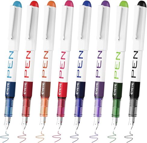 EYEYE Disposable Fountain Pens for Writing, Medium Point Stainless Steel Nib, Pack of 8 Assorted Colors in Kuwait