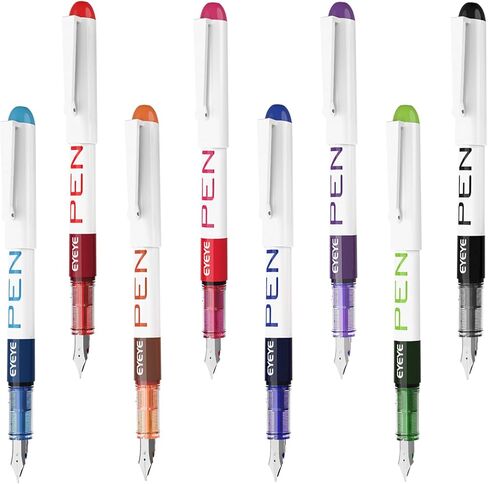 EYEYE Disposable Fountain Pens for Writing, Medium Point Stainless Steel Nib, Pack of 8 Assorted Colors in Kuwait