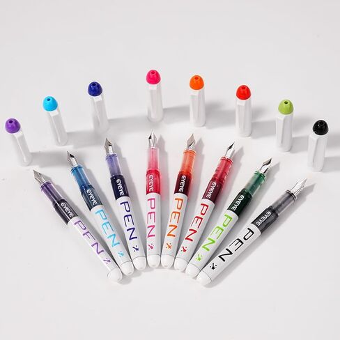 EYEYE Disposable Fountain Pens for Writing, Medium Point Stainless Steel Nib, Pack of 8 Assorted Colors in Kuwait