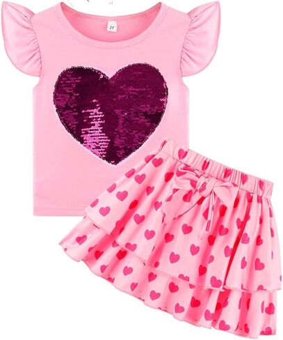 مجموعة تنورة للفتيات مكونة من قطعتين ملابس صيفية للأطفال الصغار بأكمام مكشكشة وتي شيرت وعقدة على شكل فيونكة وتنورة توتو مجموعة ملابس in Kuwait