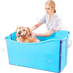 48.4Gal/220L Collapsible Pet Bathtub with Water Drain Plug Multi-Functional Collapsible Dog Bathtub for Bathing/Shower, Portable Laundry Basket-Foldable Bathing Tub-Storage Organizer（Blue）