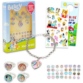 Bluey Jewelry Set for Girls - Bluey Dress Up Accessories Bundle with Necklace, Sticker Earrings, Rings, and More | Bluey Necklace and Rings Set