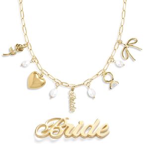 xo, Fetti Gold Bride Charm Necklace | Pearl Bachelorette Accessory, Rhinestone Bridal Jewelry, Bach Party Decorations, Bridesmaid Gift, Wedding Chain Choker