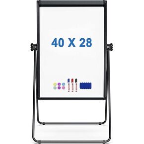 White Board Easel, 40 x 28 inches Flip Chart Easel, Height Adjustable White Board Stand, Magnetic Double Sided Black Aluminum Frame Portable Whiteboard for Home Office Classroom
