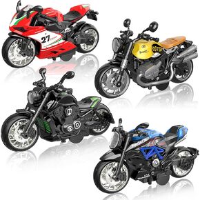 Alloy Metal Diecast Motorcycle Model Toy Set, 4 Pack of 1:12 Scale Die-Cast Motorcycles with Light&Sounds, Pull Back Function Toy Moto Bike for Kids Boys Girls and Collectors Ages 3 and up
