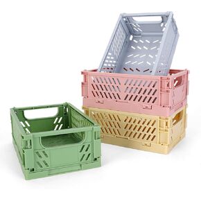 4-Pack Mini Plastic Baskets for Shelf Storage Organizing, Durable and Reliable Folding Storage Crate, Ideal for Home Kitchen Classroom and Office Organization, Bathroom Storage (5.9 x 3.8 x 2.2)