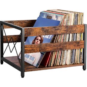 Y&M Vinyl Record Storage Crate, Wooden Storage Box, Classic Cube CD Albums Shelf Holder Organizer, Holds Up to 100+ Records, Magazine Rack for Desktop, Home, Office, Brown